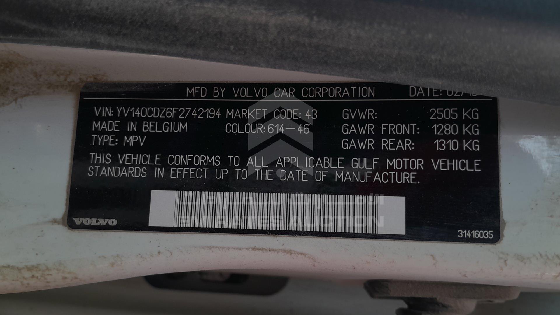 0 VOLVO XC 60 VIN: YV140CDZ6F2742194
