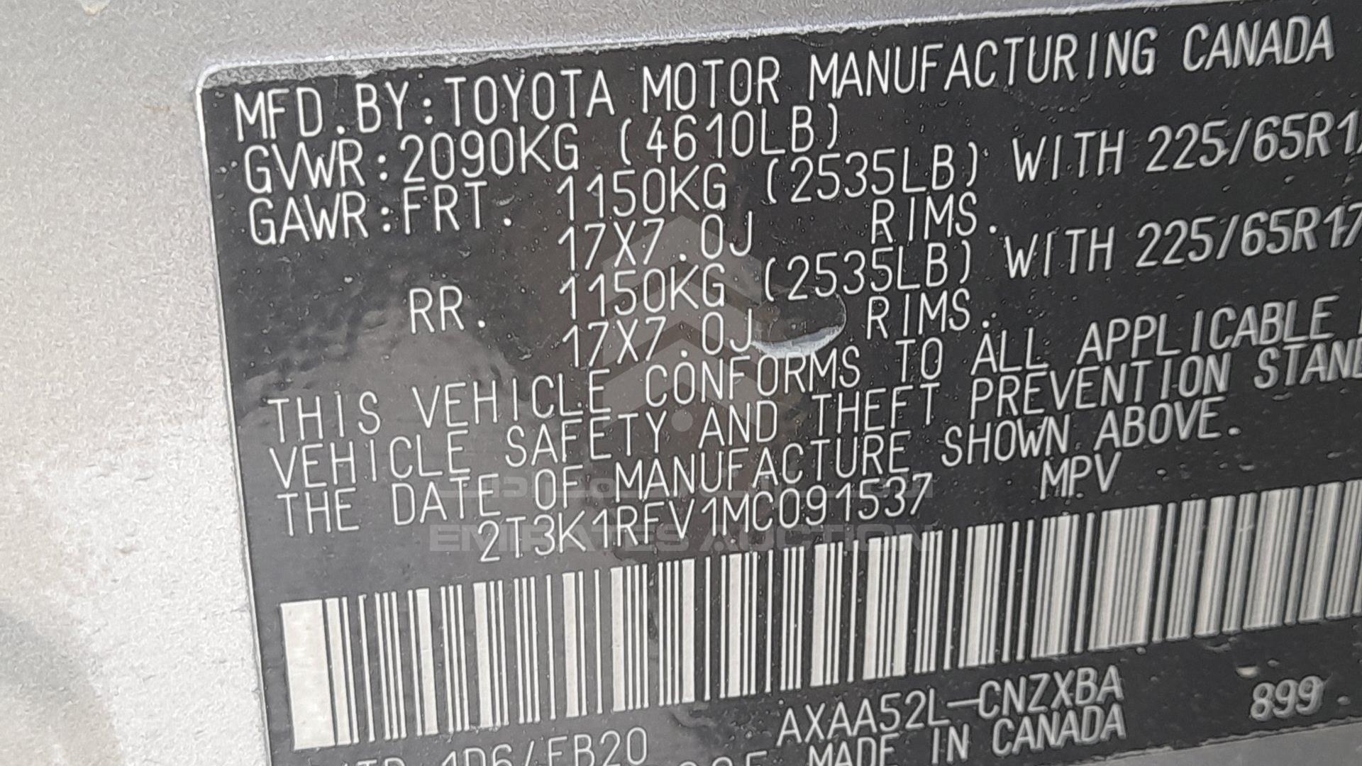 2021 TOYOTA RAV-4 VIN: 2T3K1RFV1MC091537