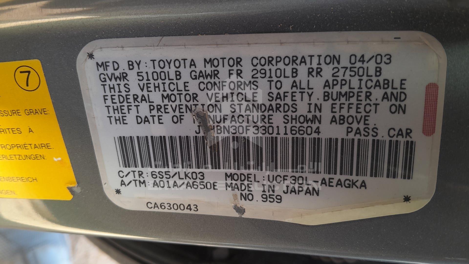 2003 LEXUS LS 430 VIN: JTHBN30F330116604