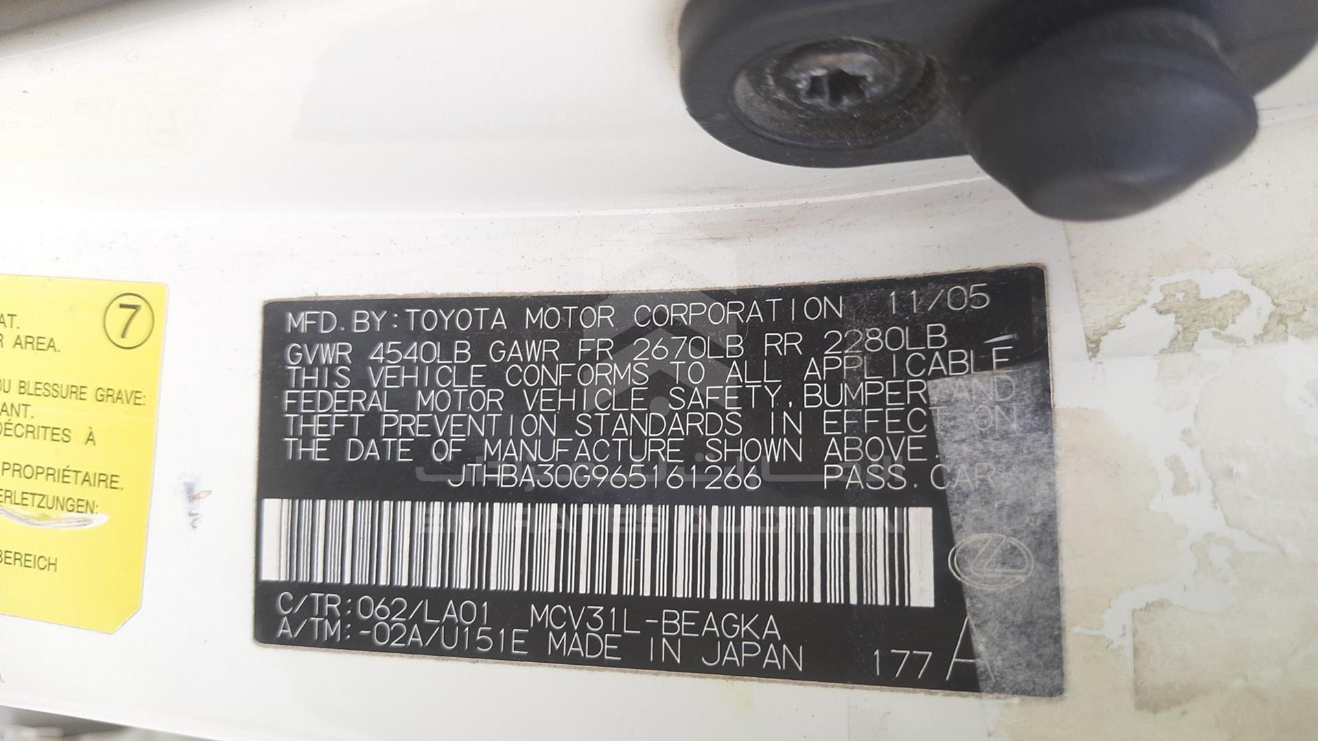 2006 LEXUS ES 330 VIN: JTHBA30G965161266