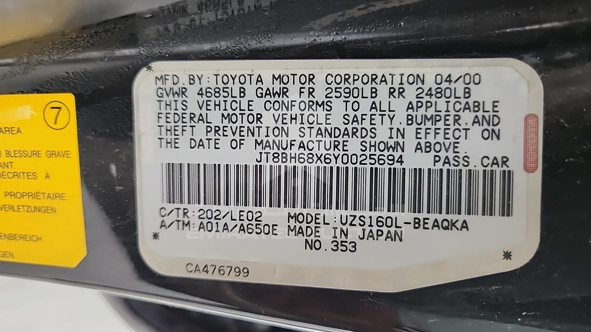 2000 LEXUS GS 400 VIN: JT8BH68X6Y0025694