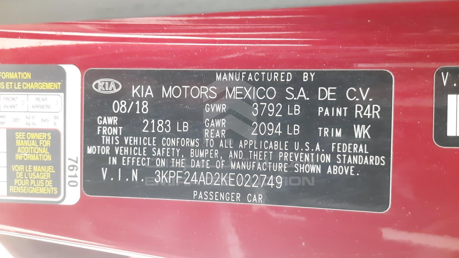 2019 KIA FORTE VIN: 3KPF24AD2KE022749