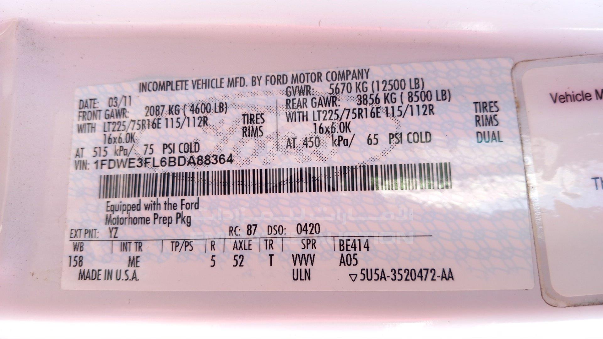 2012 FORD E 350 VIN: 1FDWE3FL6BDA88364
