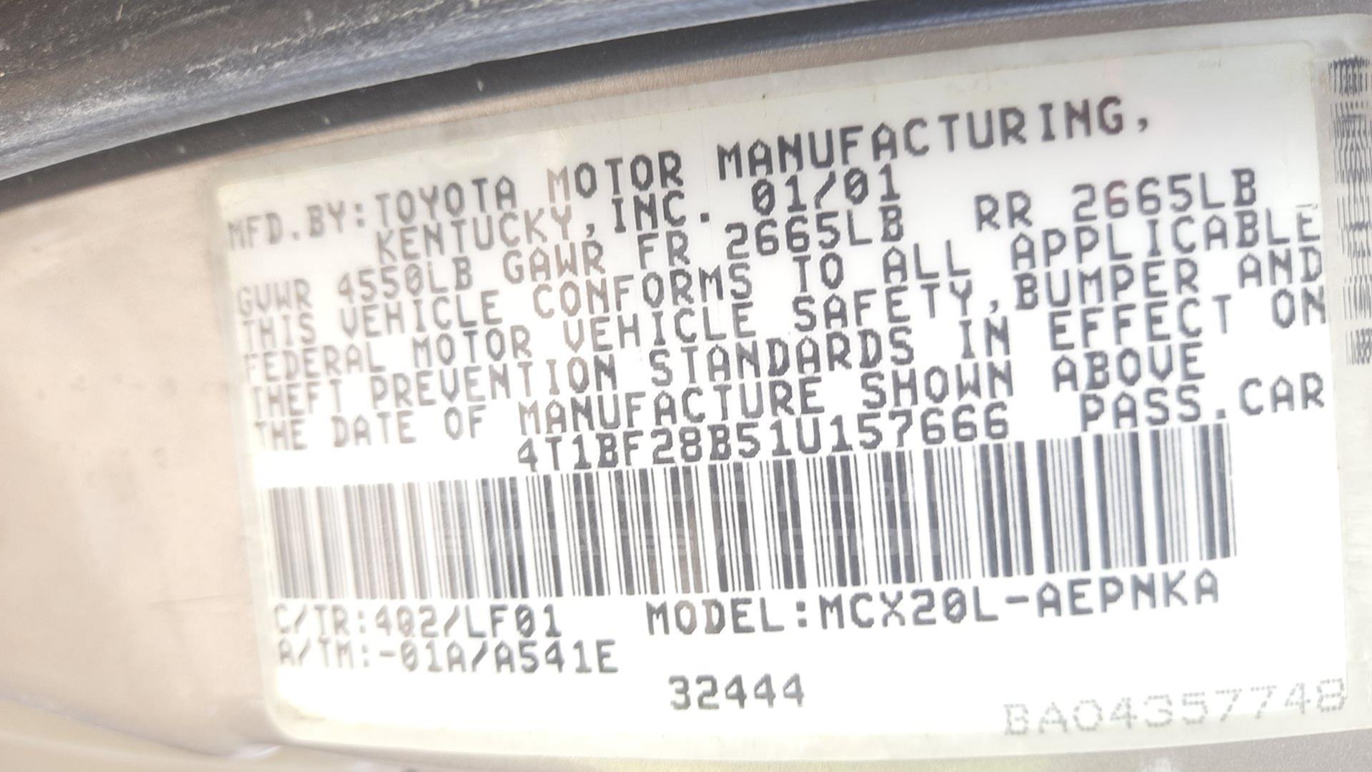 2001 TOYOTA AVALON VIN: 4T1BF28B51U157666