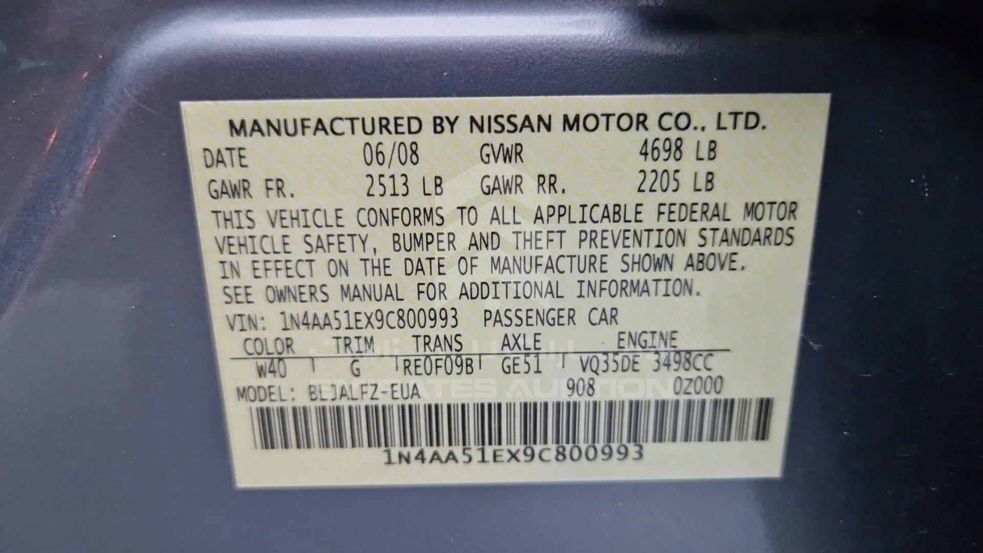 2009 NISSAN MAXIMA VIN: 1N4AA51EX9C800993
