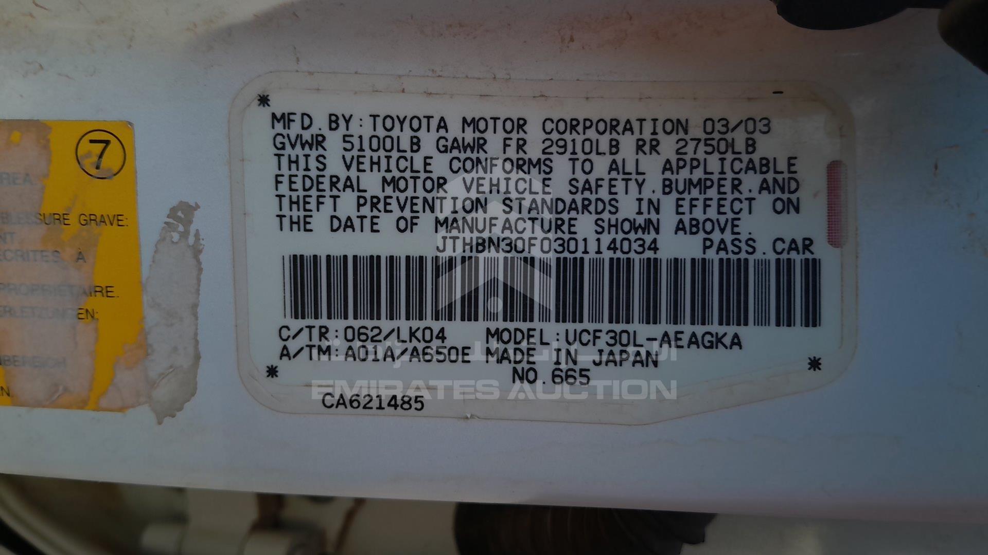 2003 LEXUS LS 430 VIN: JTHBN30F030114034