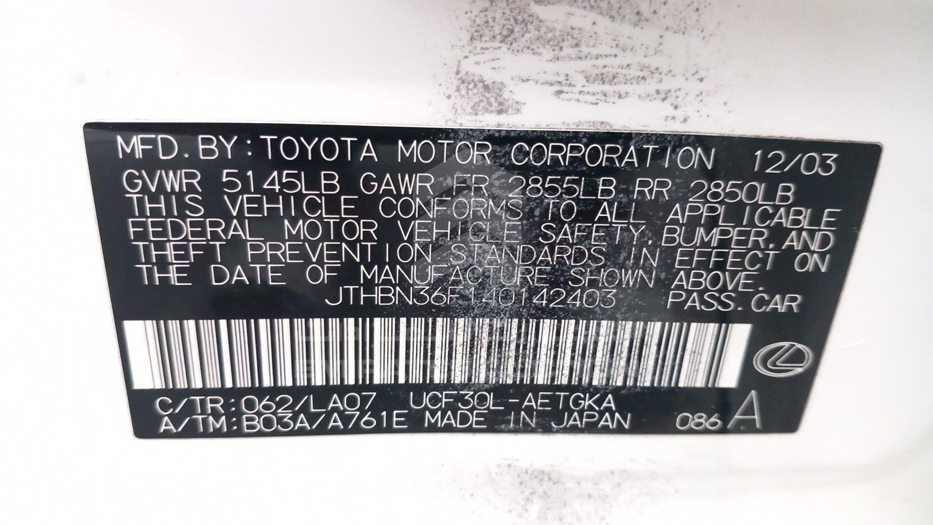 2004 LEXUS LS 430 VIN: JTHBN36F140142403