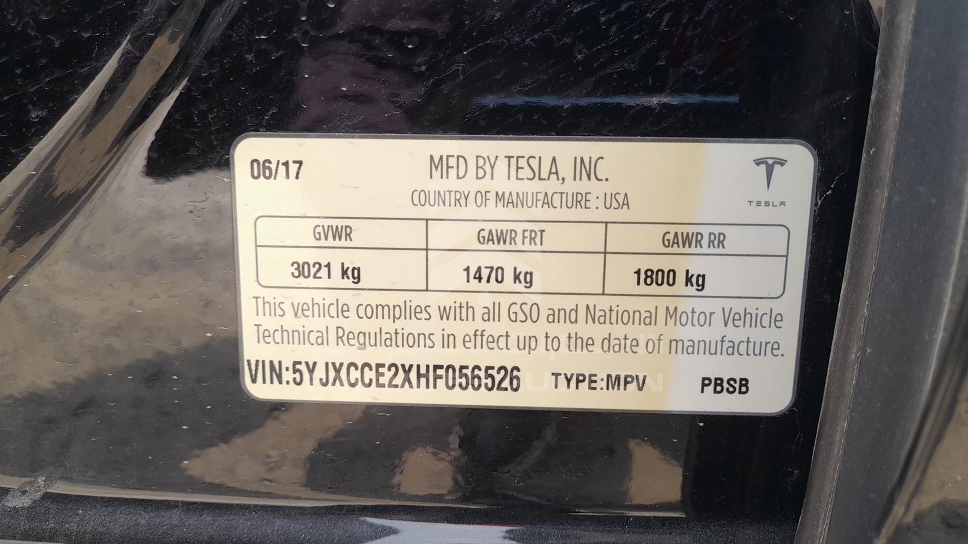 2017 TESLA MODEL X VIN: 5YJXCCE2XHF056526