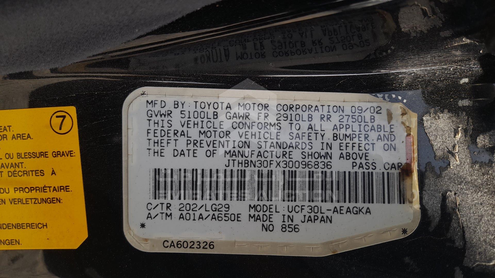 2003 LEXUS LS 430 VIN: JTHBN30FX30096836