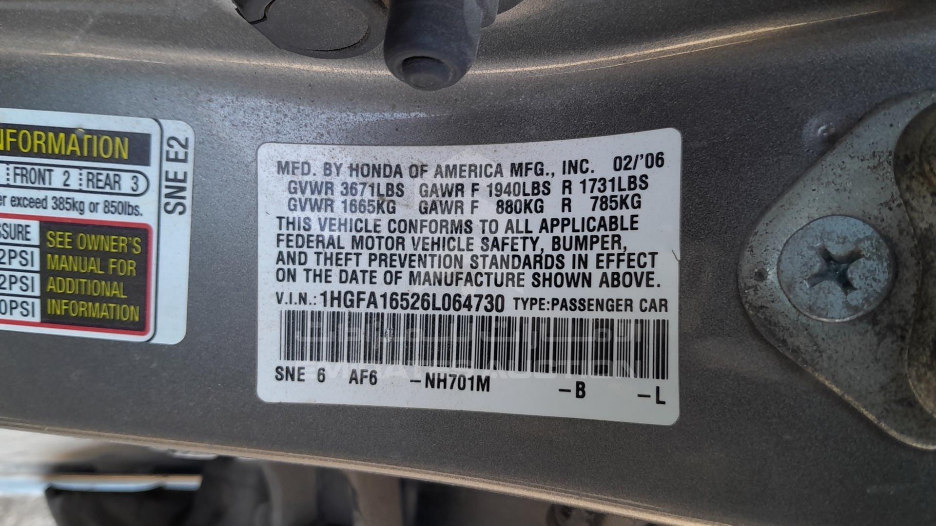 2006 HONDA CIVIC VIN: 1HGFA16526L064730