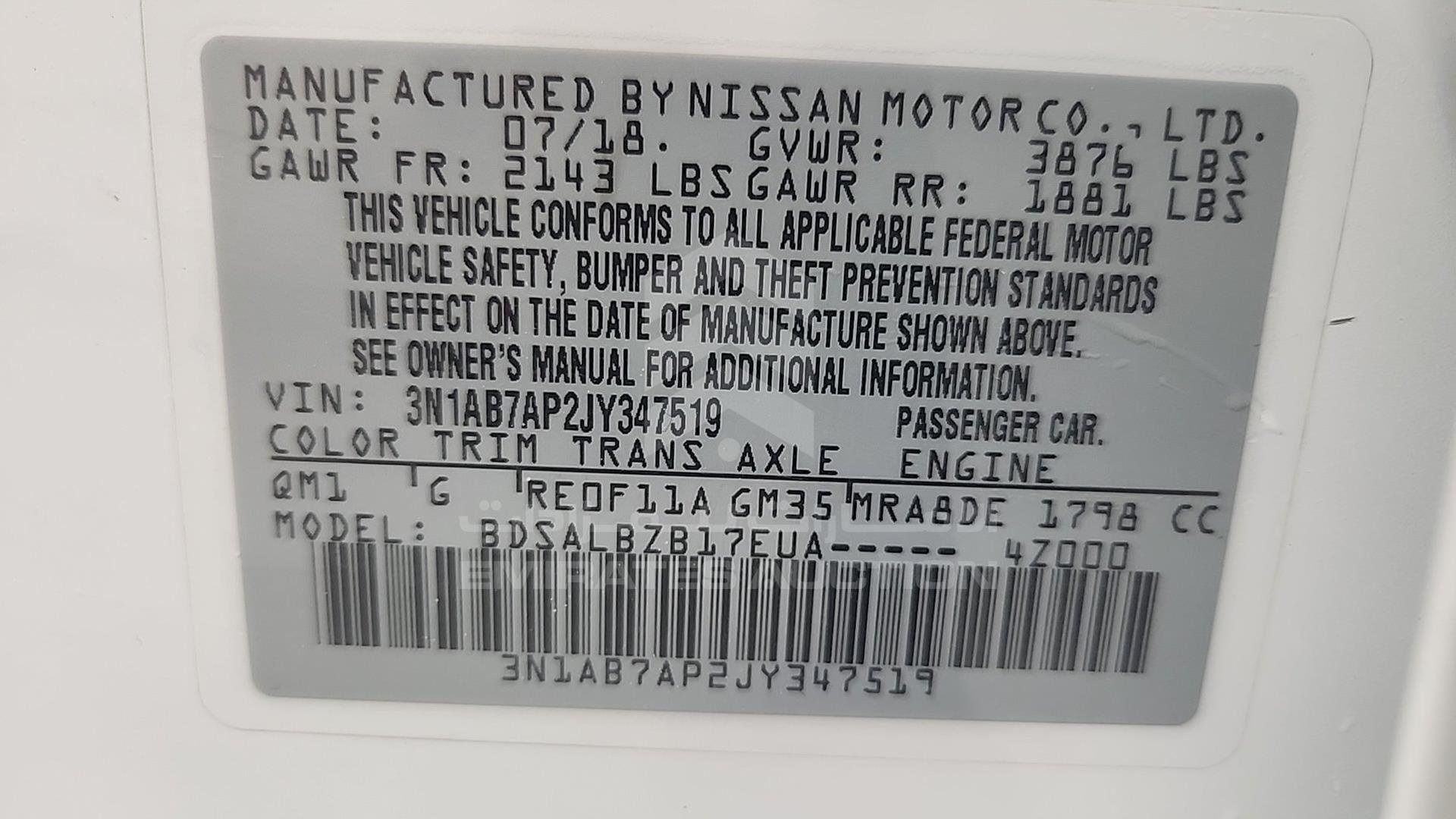 2018 NISSAN SENTRA VIN: 3N1AB7AP2JY347519