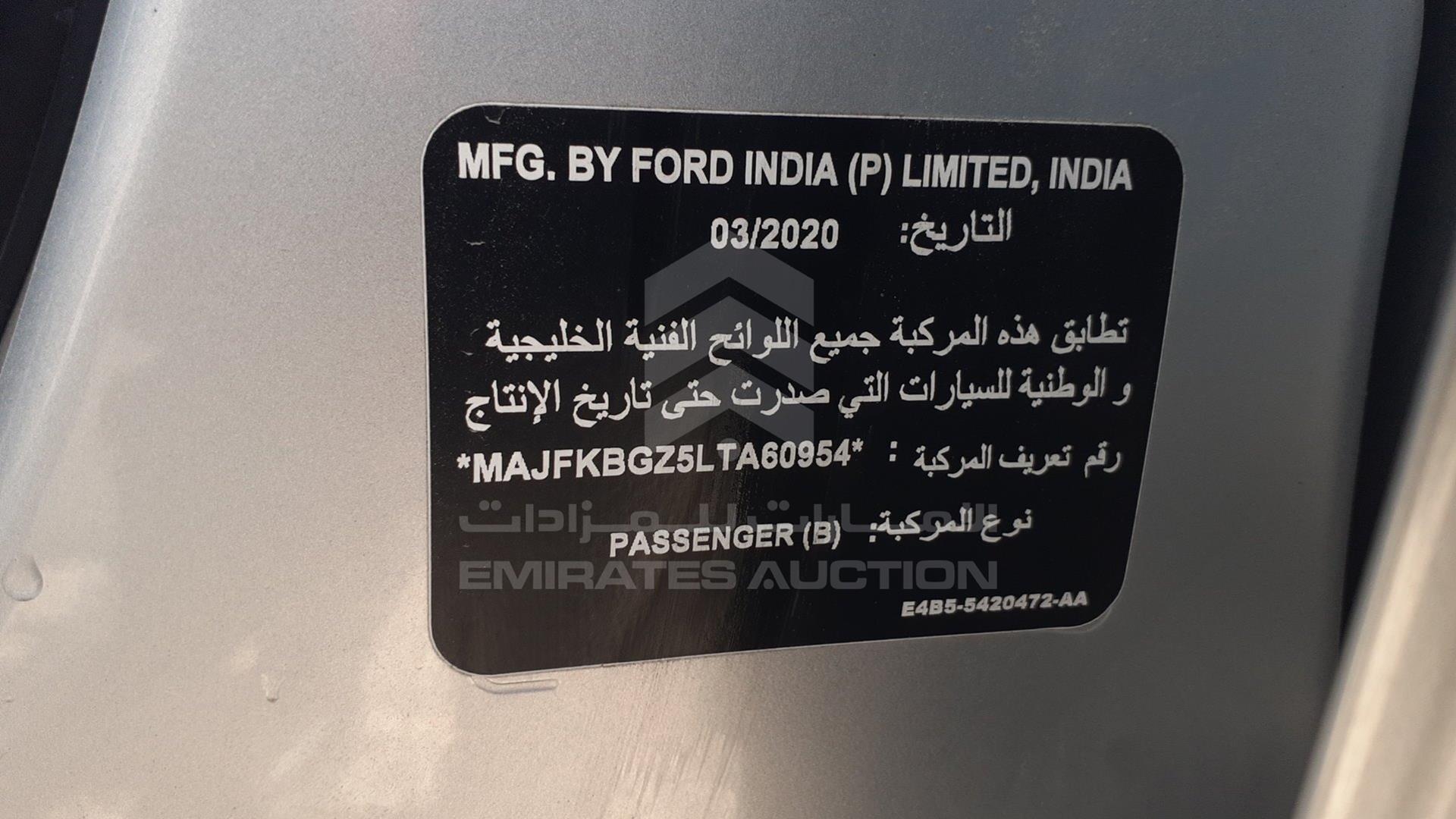 2020 FORD FIGO VIN: MAJFKBGZ5LTA60954