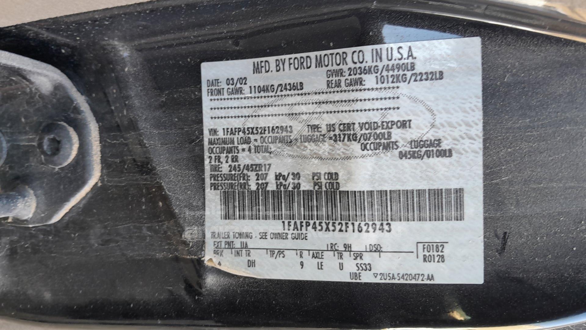 2002 FORD MUSTANG VIN: 1FAFP45X52F162943
