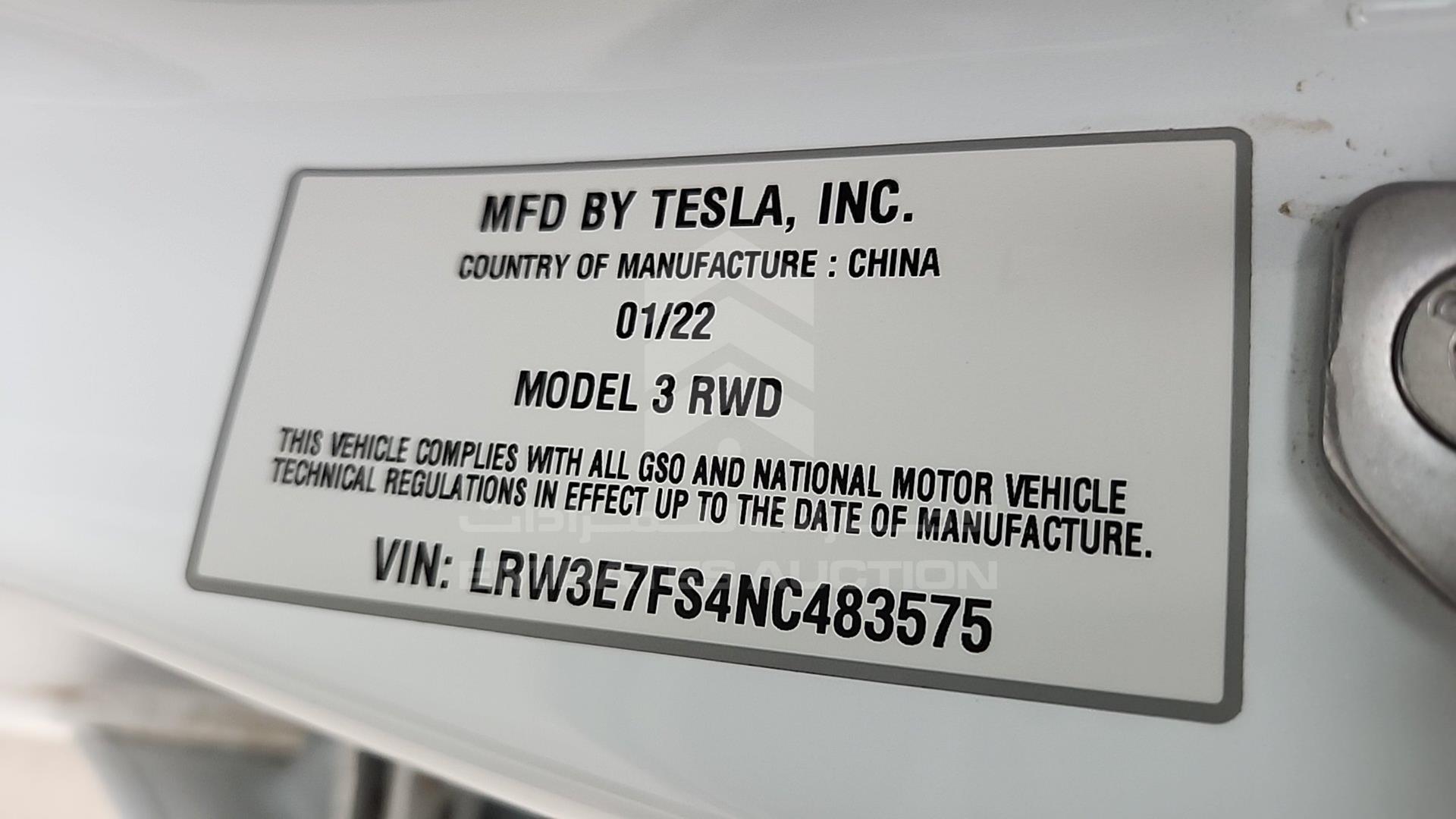 2022 TESLA MODEL 3 VIN: LRW3E7FS4NC483575