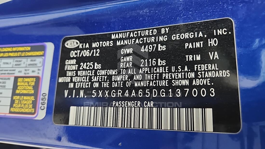 2013 Kia Optima — VIN on Frame — Photo 3