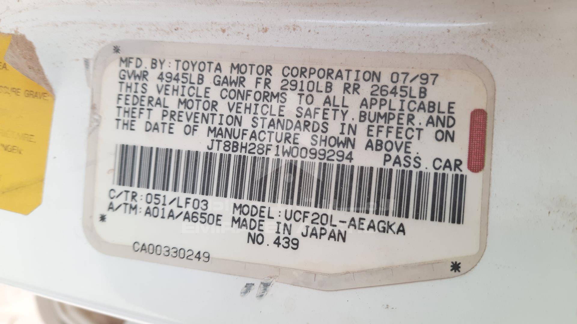 1998 LEXUS LS400 VIN: JT8BH28F1W0099294