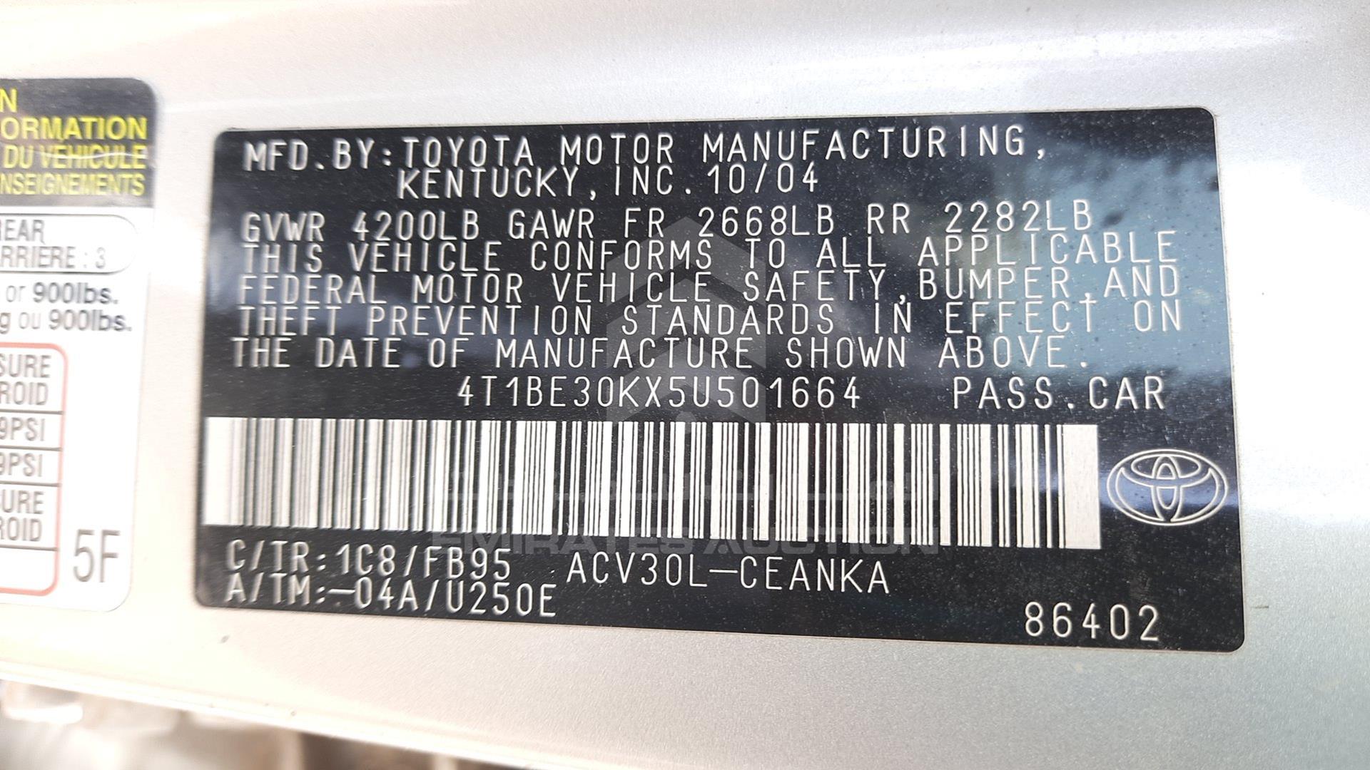 2005 TOYOTA CAMRY VIN: 4T1BE30KX5U501664