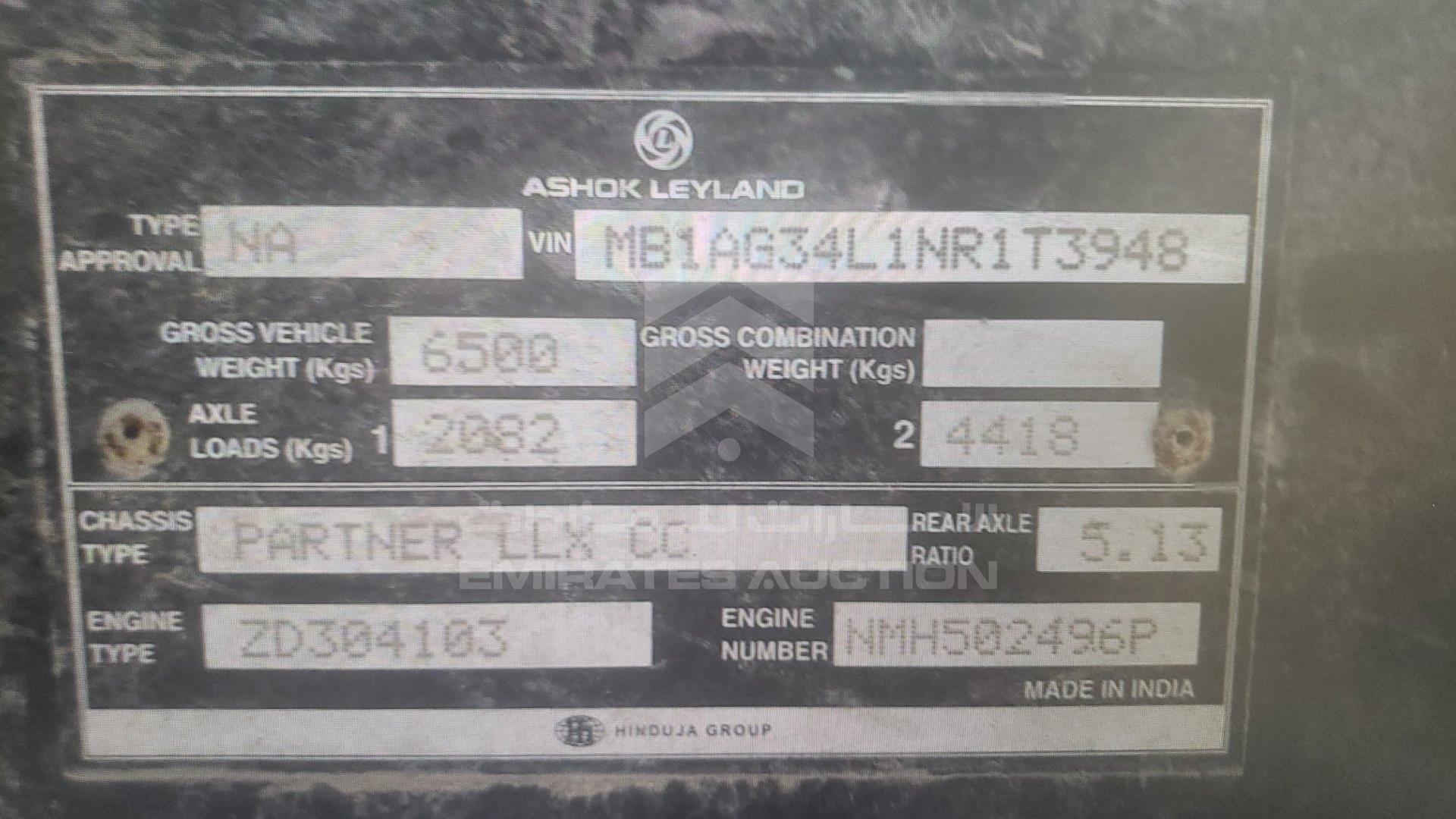2022 ASHOK LEYLAND PARTNER VIN: MB1AG34L1NR1T3948