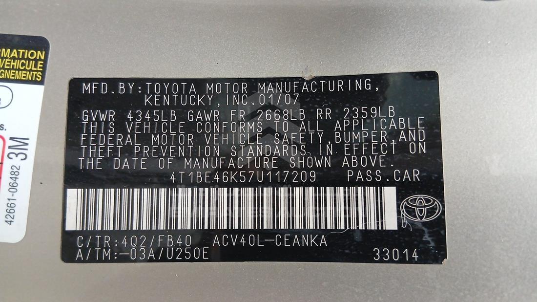 2007 Toyota Camry — VIN on Frame — Photo 2
