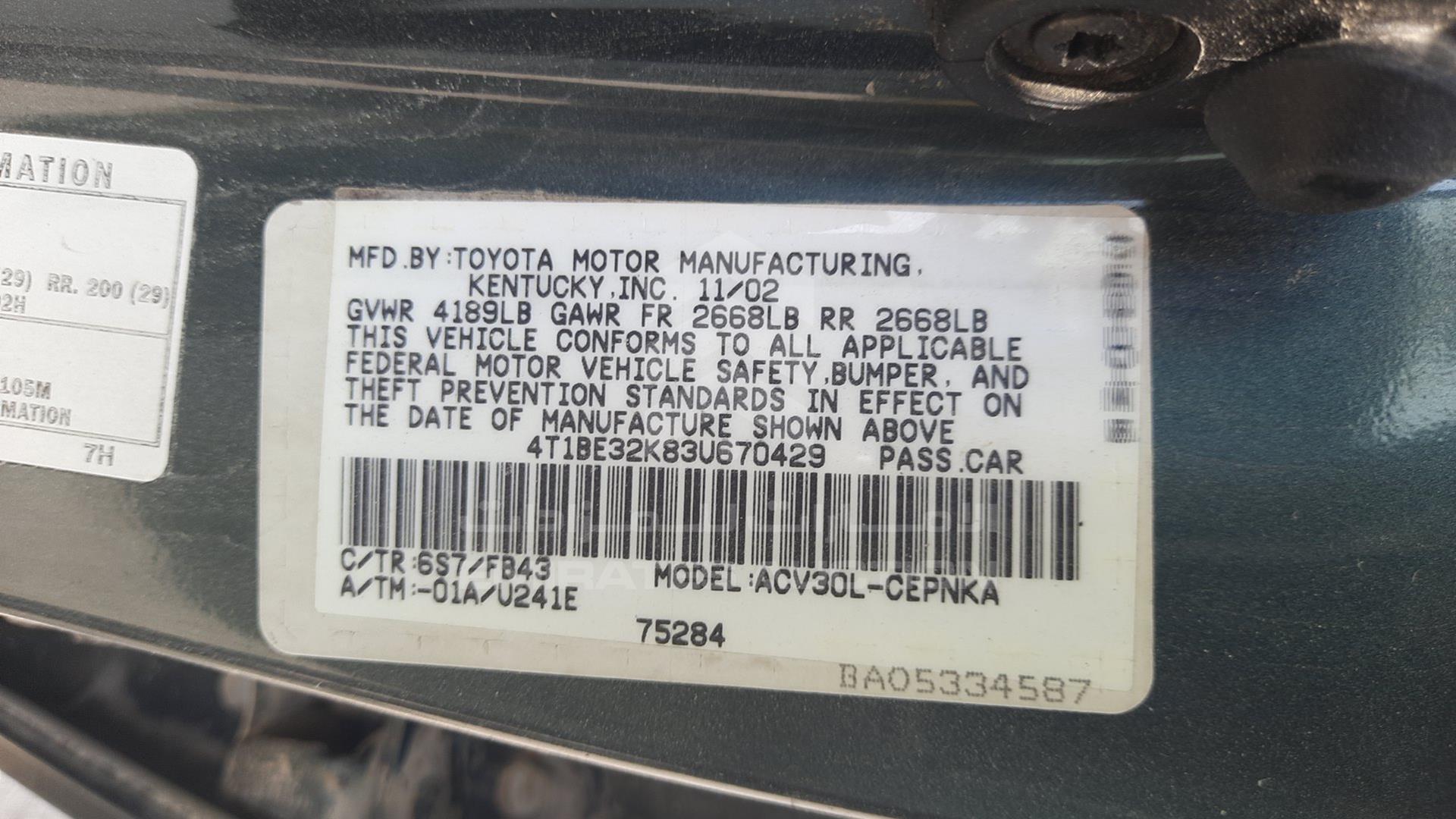 2003 TOYOTA CAMRY VIN: 4T1BE32K83U670429