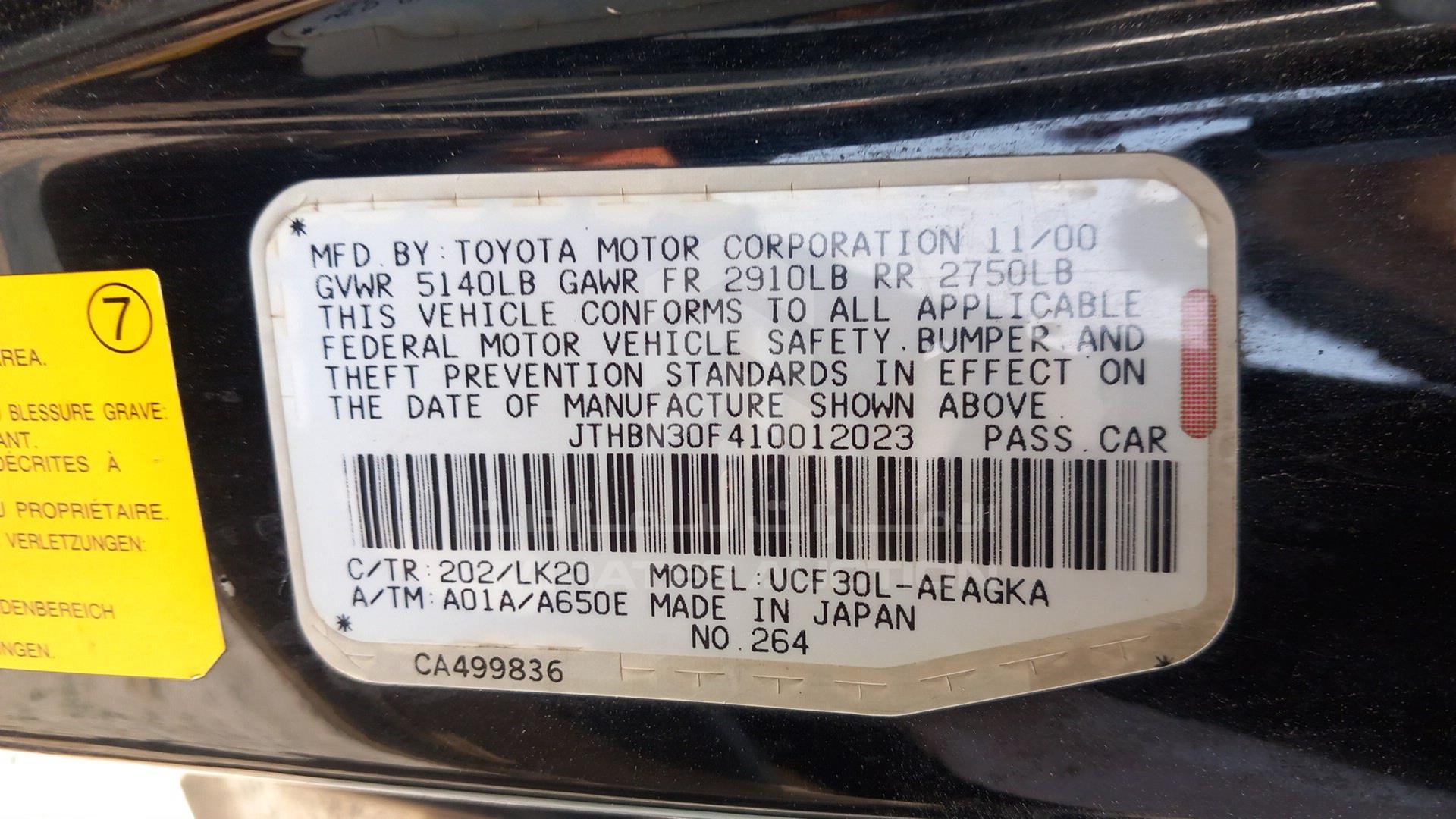 2001 LEXUS LS 430 VIN: JTHBN30F410012023