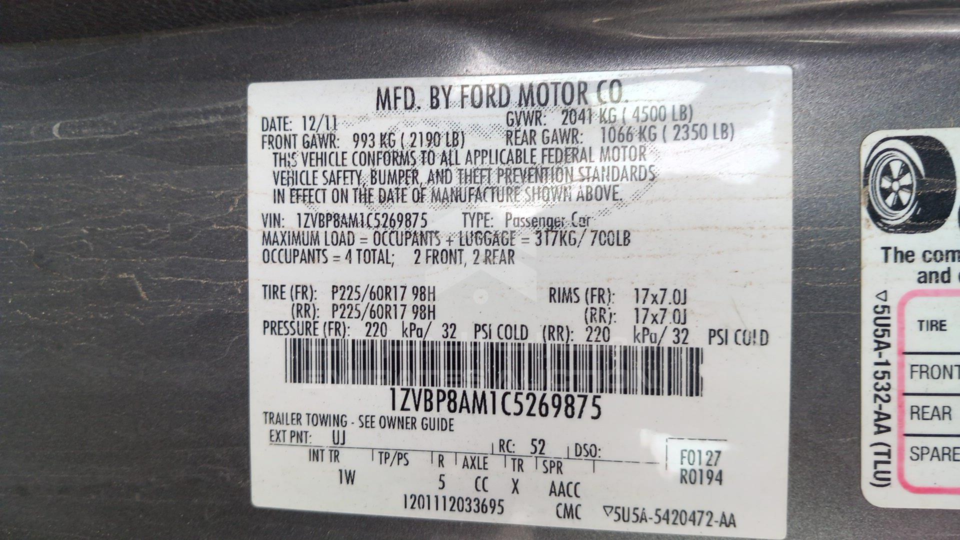 2012 FORD MUSTANG VIN: 1ZVBP8AM1C5269875