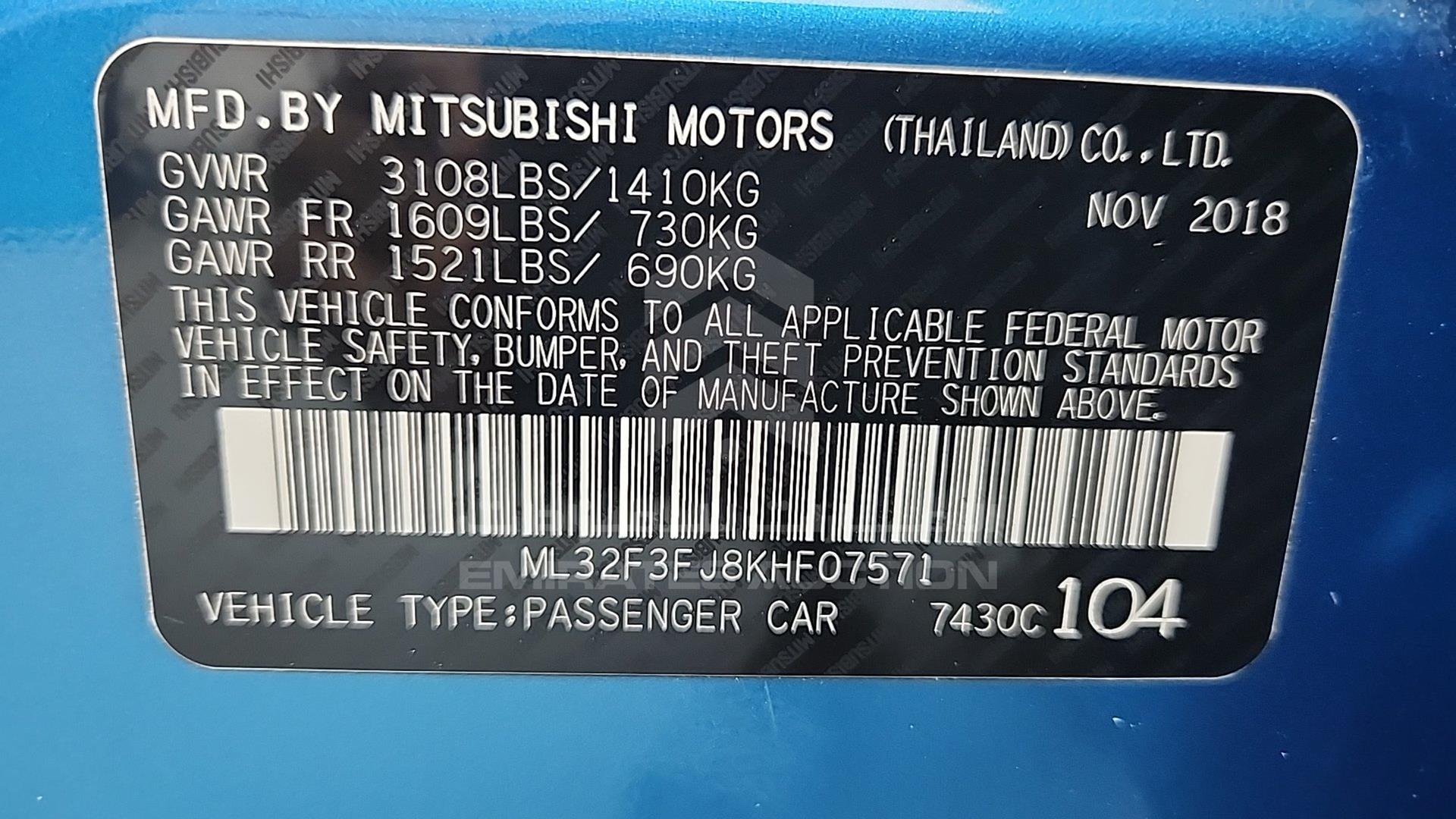 2019 MITSUBISHI MIRAGE VIN: ML32F3FJ8KHF07571