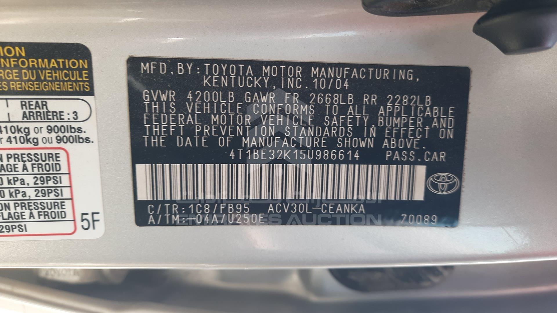 2005 TOYOTA CAMRY VIN: 4T1BE32K15U986614