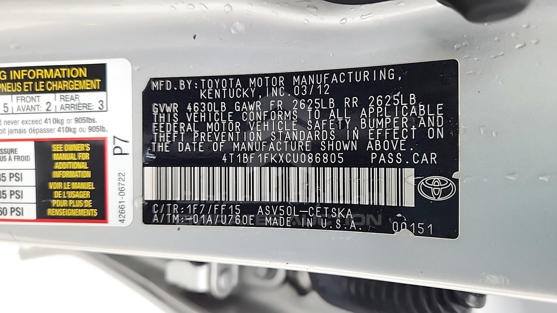 2012 TOYOTA CAMRY VIN: 4T1BF1FKXCU086805