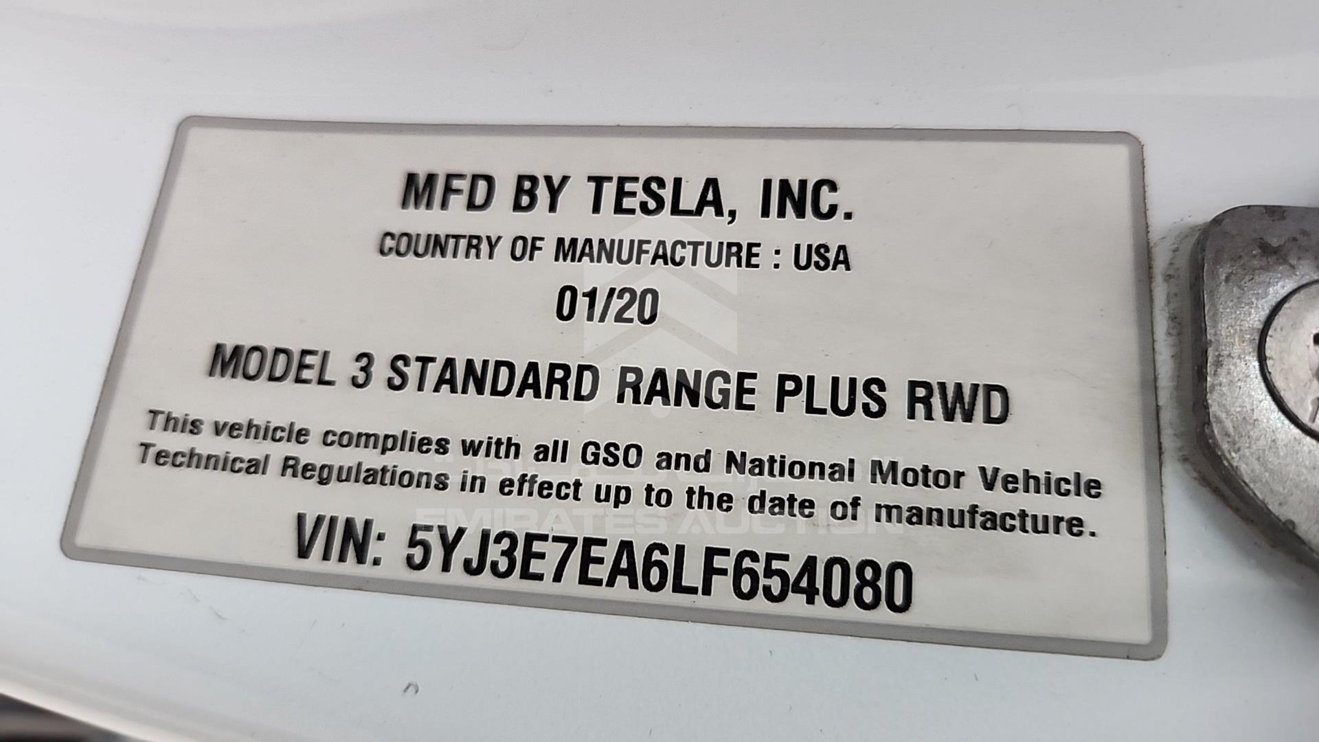 2020 TESLA MODEL 3 VIN: 5YJ3E7EA6LF654080