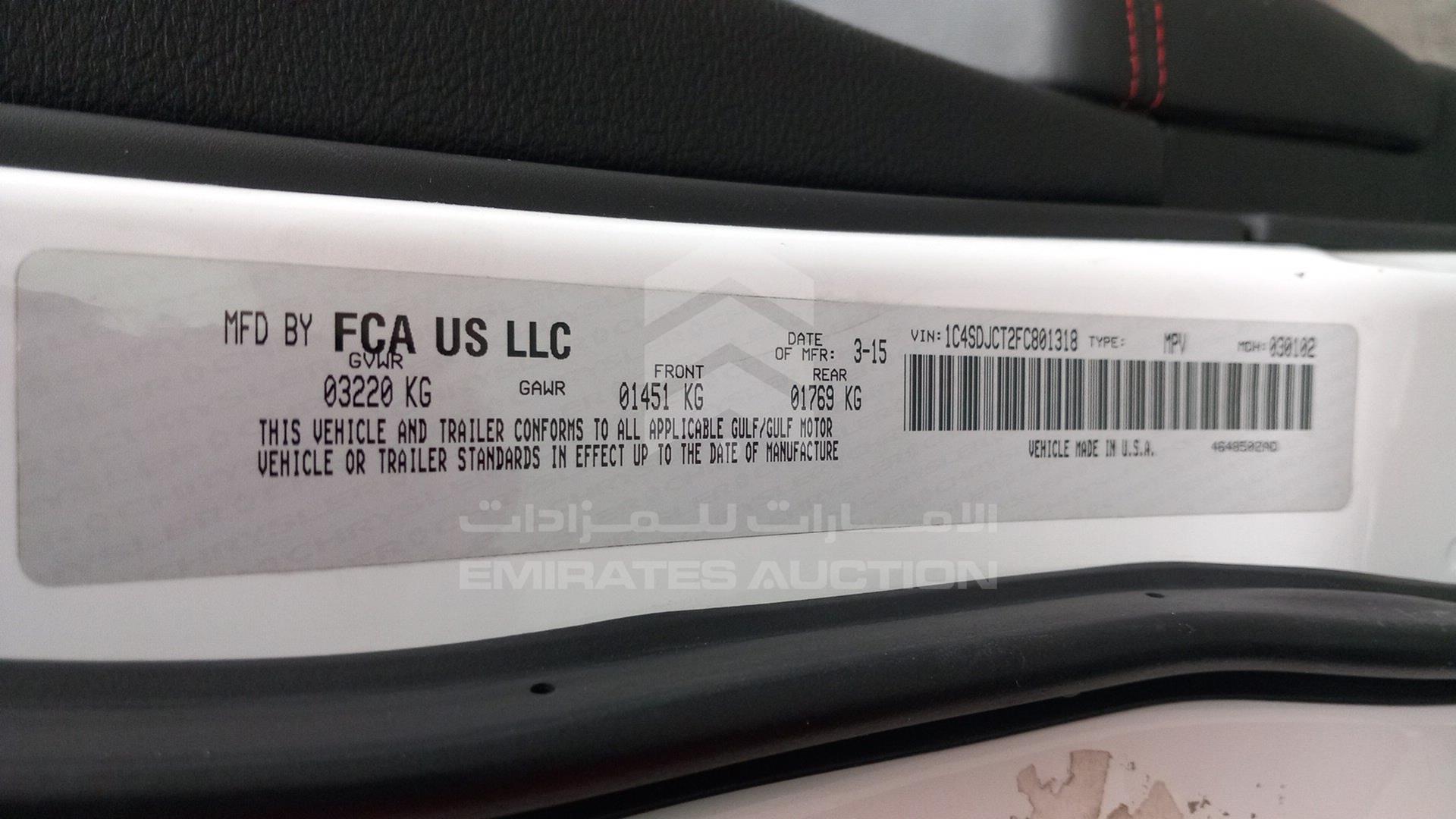 2015 DODGE DURANGO VIN: 1C4SDJCT2FC801318