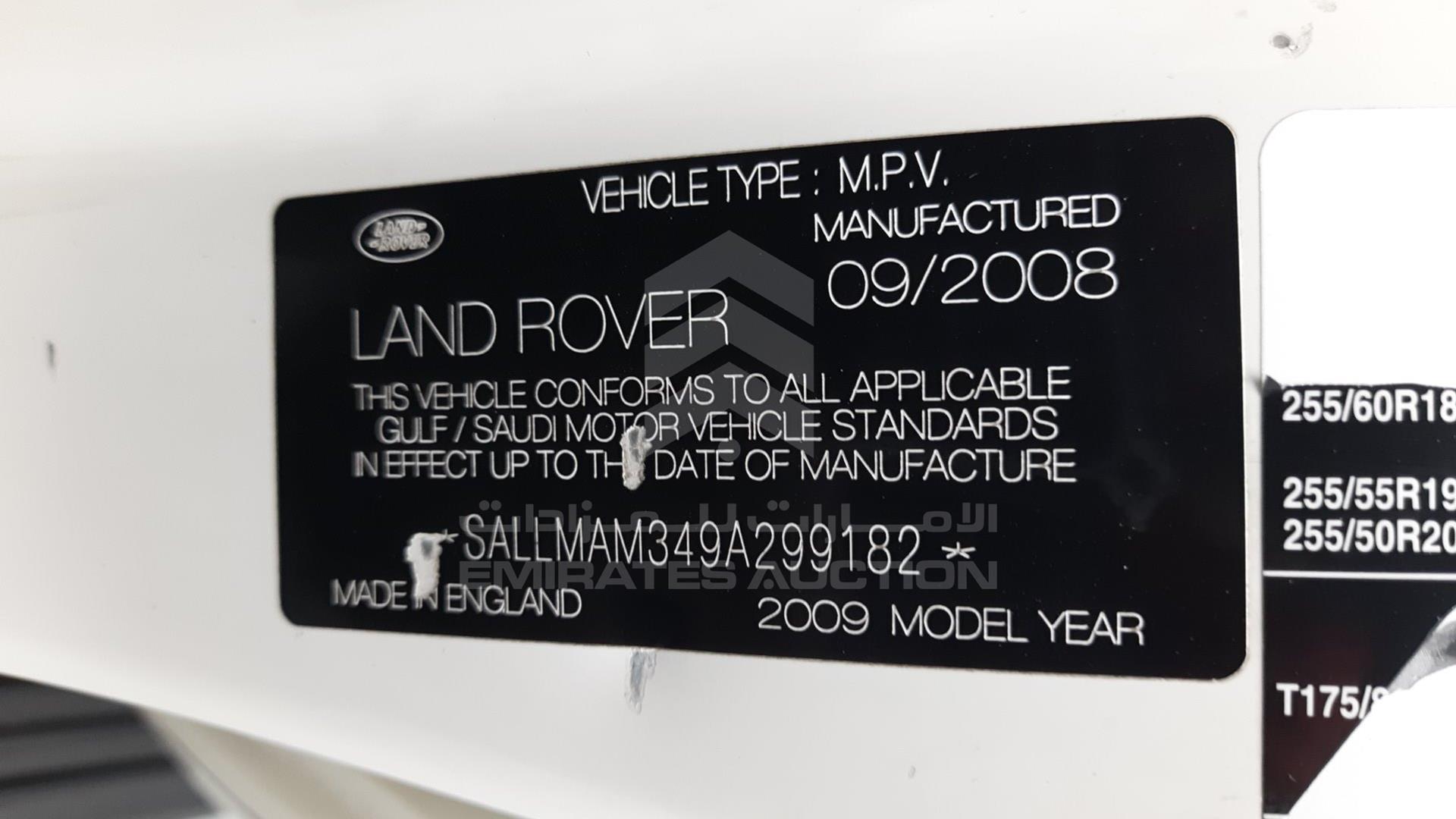 2009 RANGE ROVER VOGUE VIN: SALLMAM349A299182