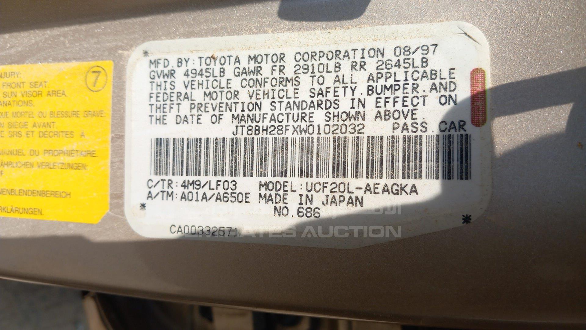 1998 LEXUS LS400 VIN: JT8BH28FXW0102032