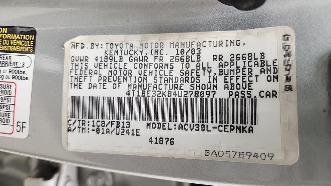 2004 Toyota Camry — VIN on Frame — Photo 3