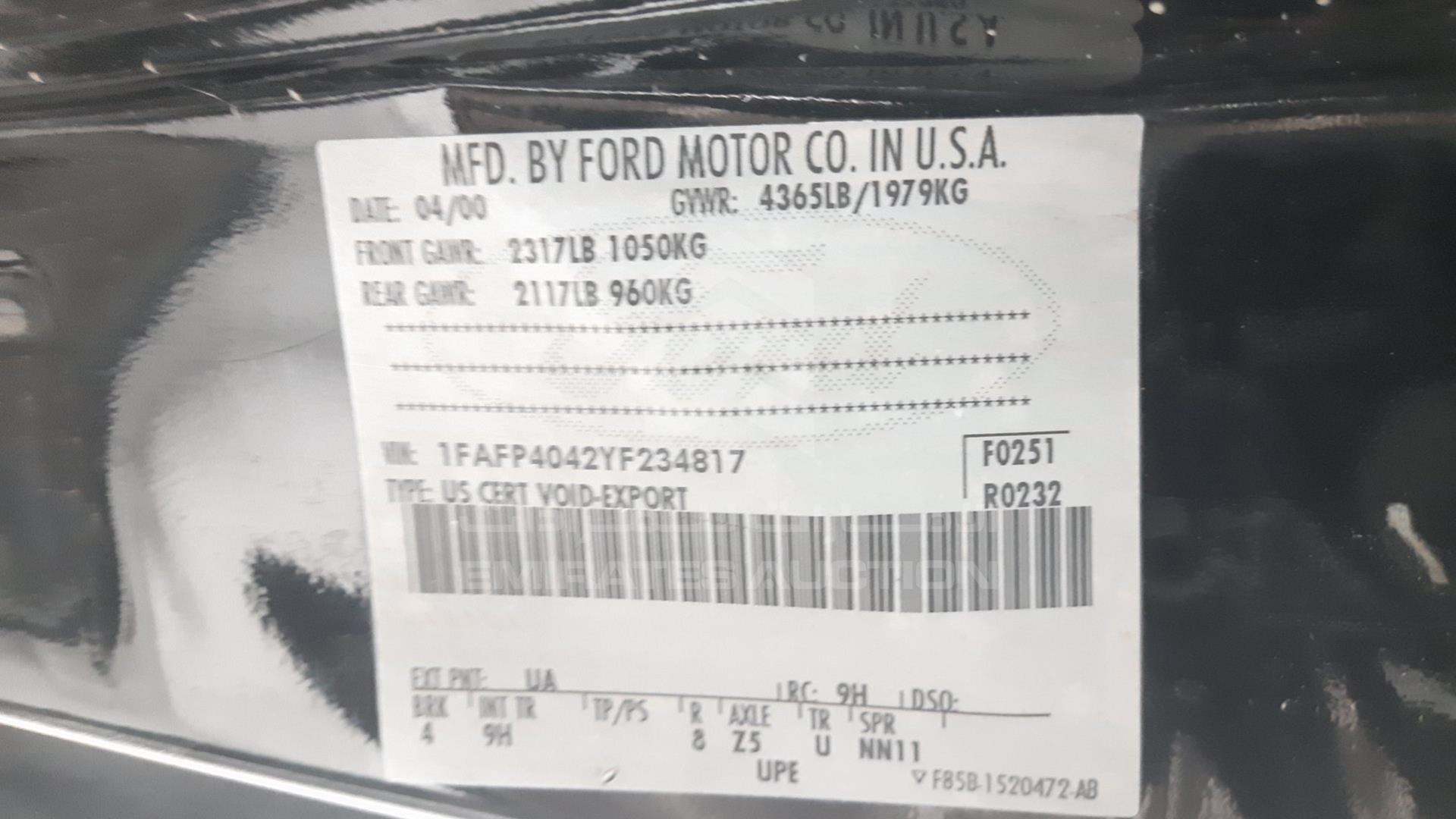 2001 FORD MUSTANG VIN: 1FAFP4042YF234817