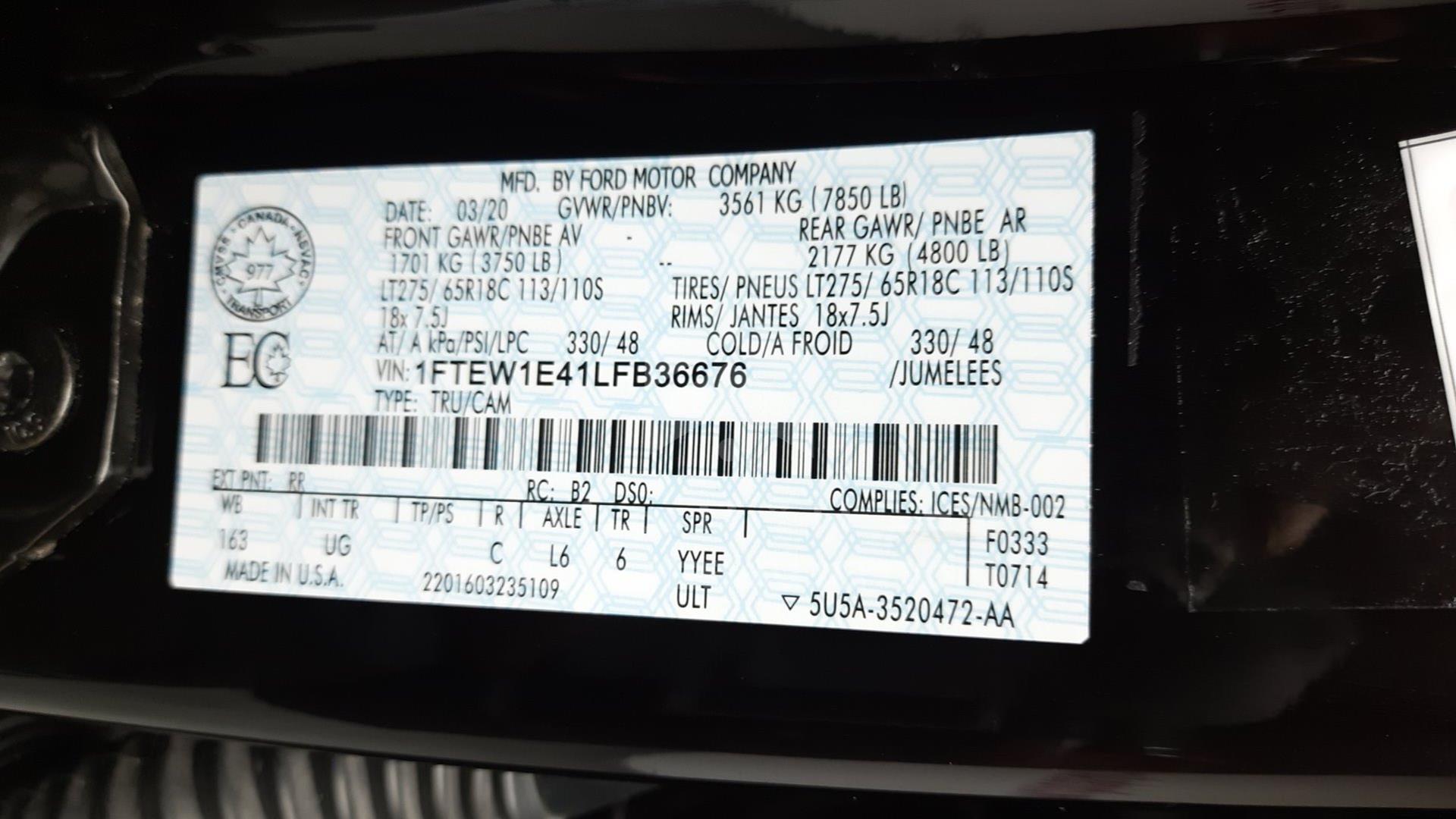 2020 FORD F-150 VIN: 1FTEW1E41LFB36676