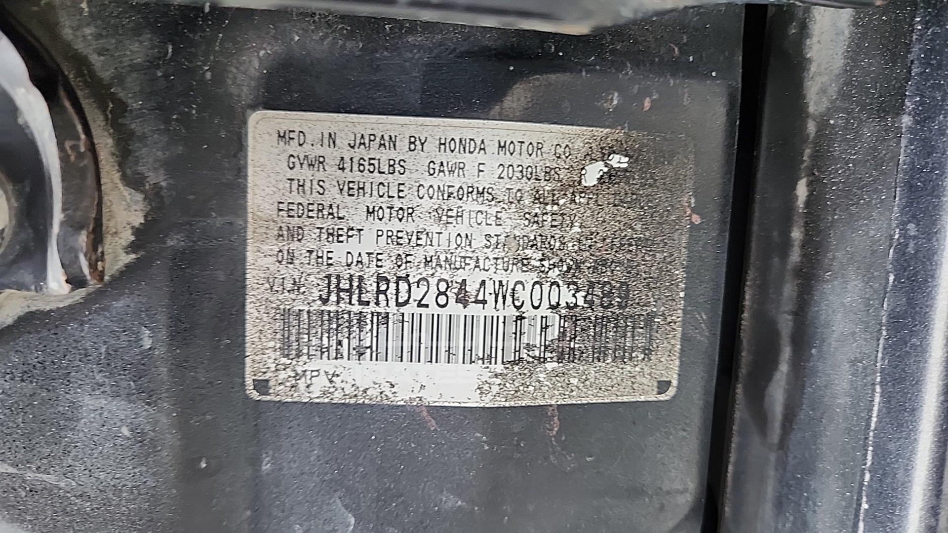 1998 HONDA CRV VIN: 1HLRD2844WC003489