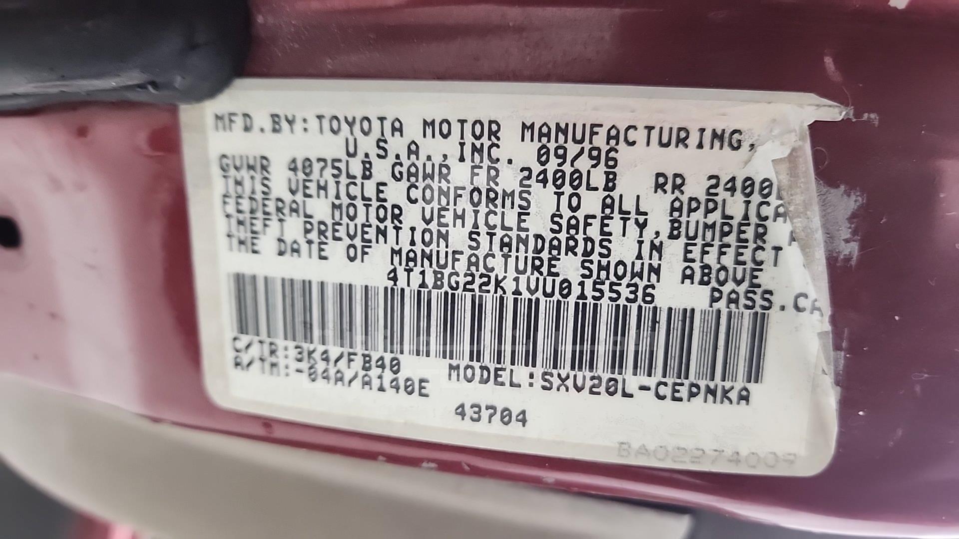 1997 TOYOTA CAMRY VIN: 4T1BG22K1VU015536