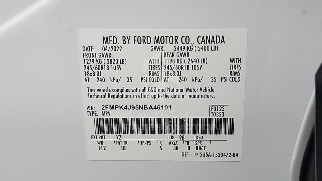 2022 Ford Edge — VIN on Frame — Photo 3