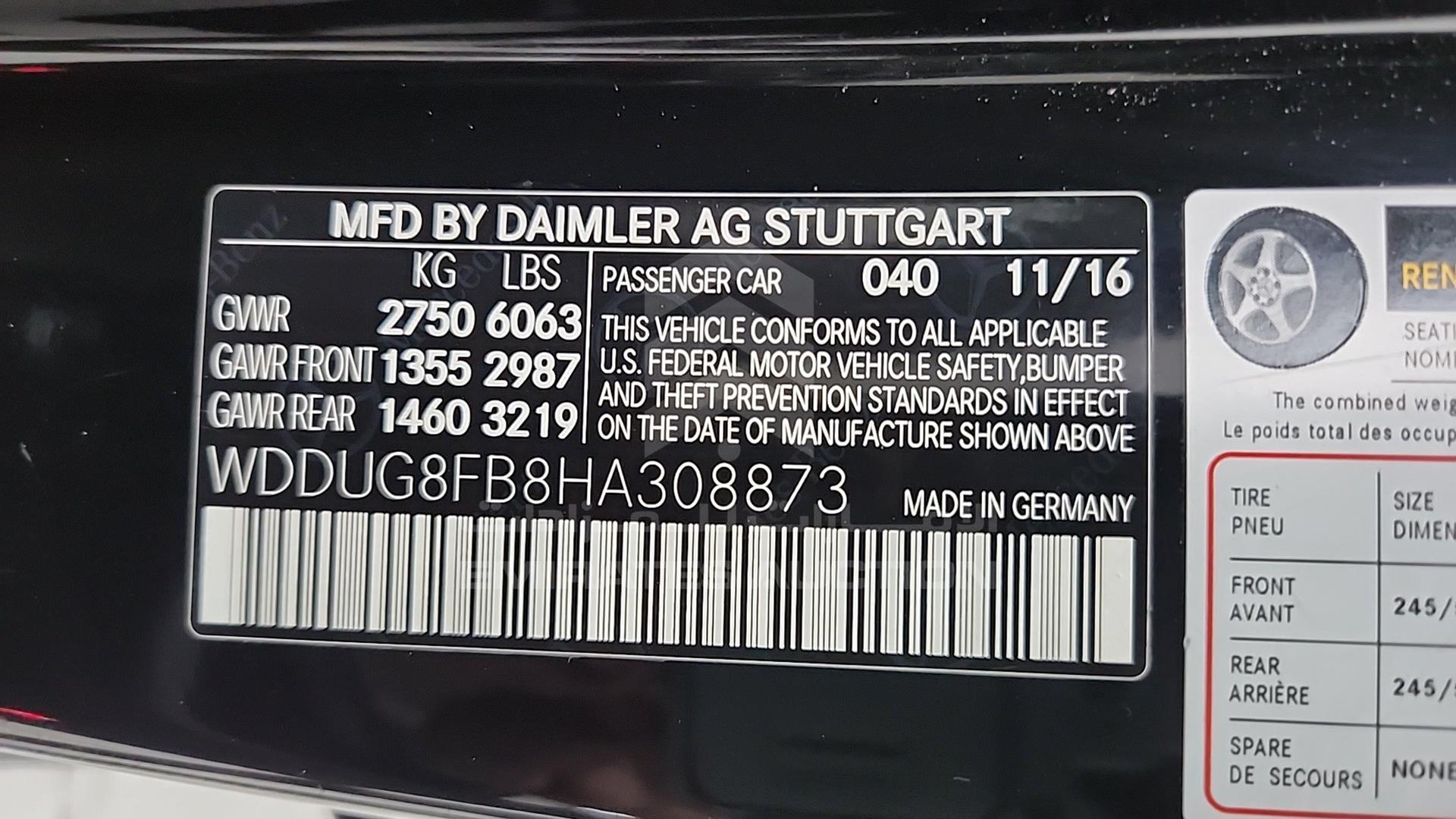 2017 MERCEDES S 550 VIN: WDDUG8FB8HA308873