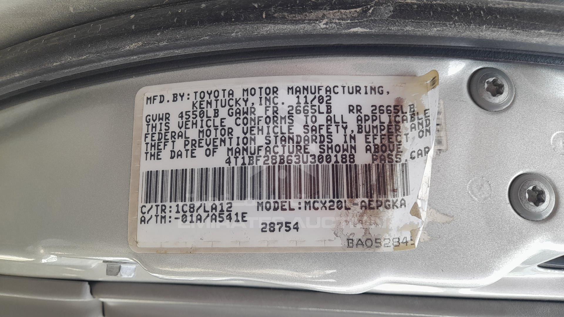 2003 TOYOTA AVALON VIN: 4T1BF28B63U300188