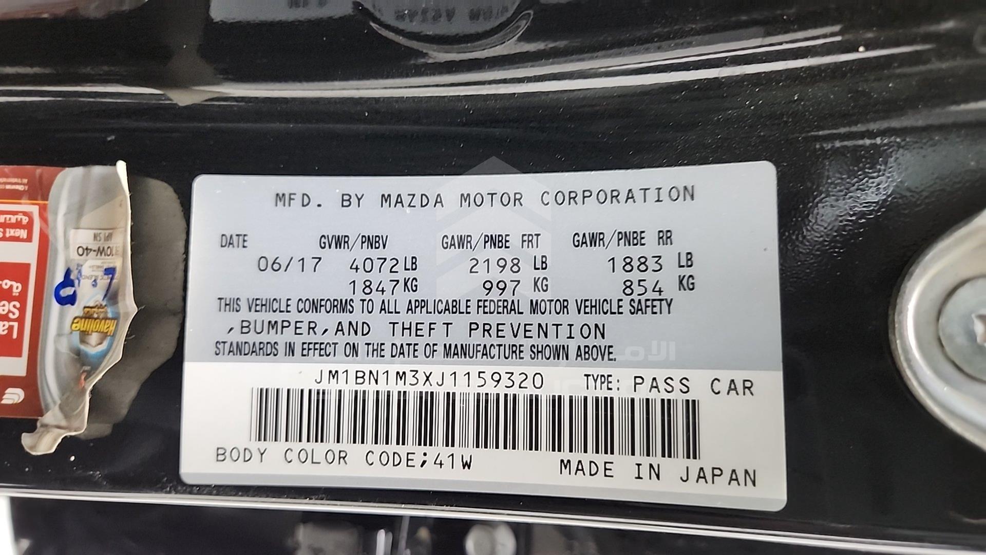 2018 MAZDA 3 VIN: JM1BN1M3XJ1159320