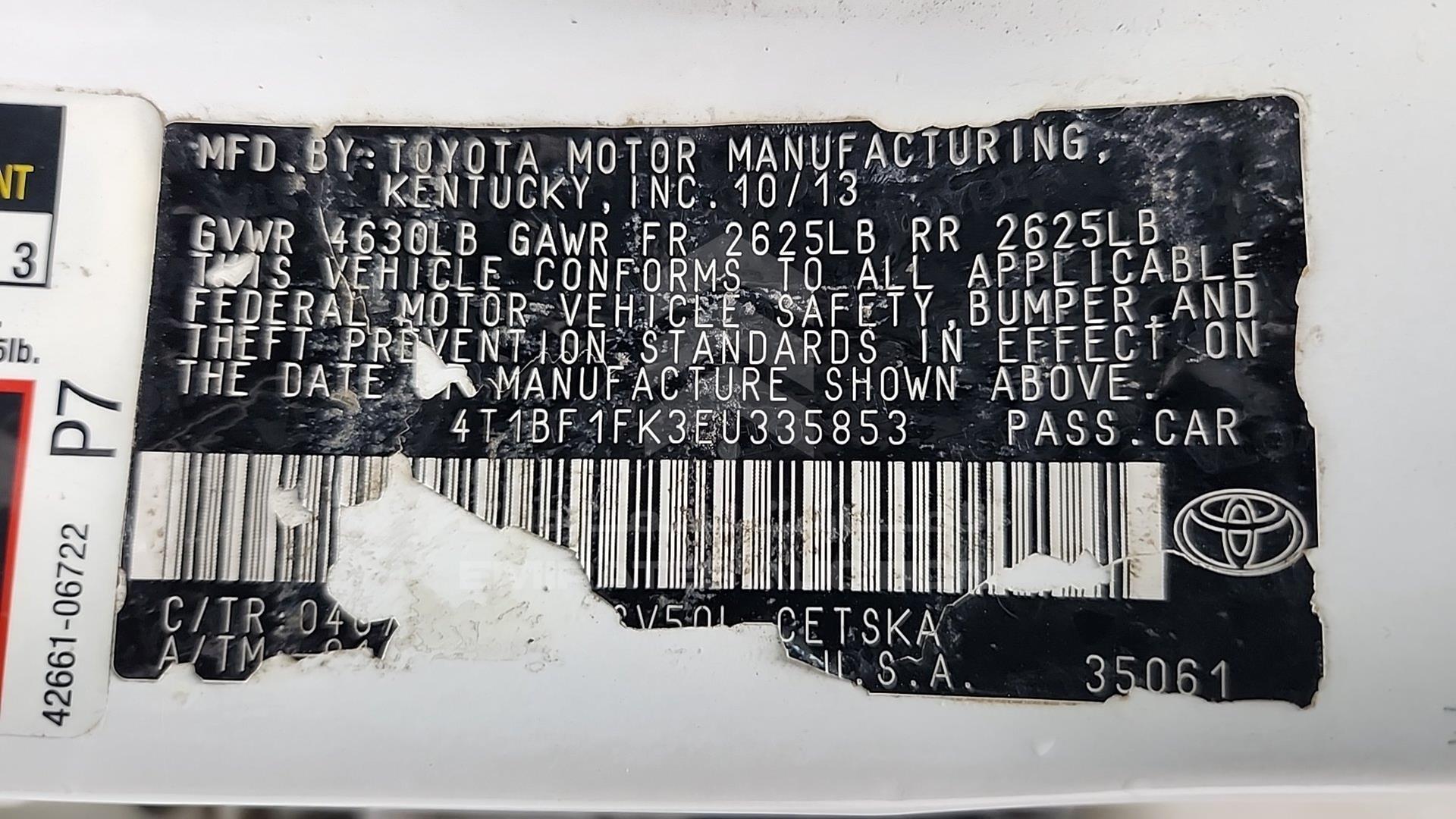 2014 TOYOTA CAMRY VIN: 4T1BF1FK3EU335853