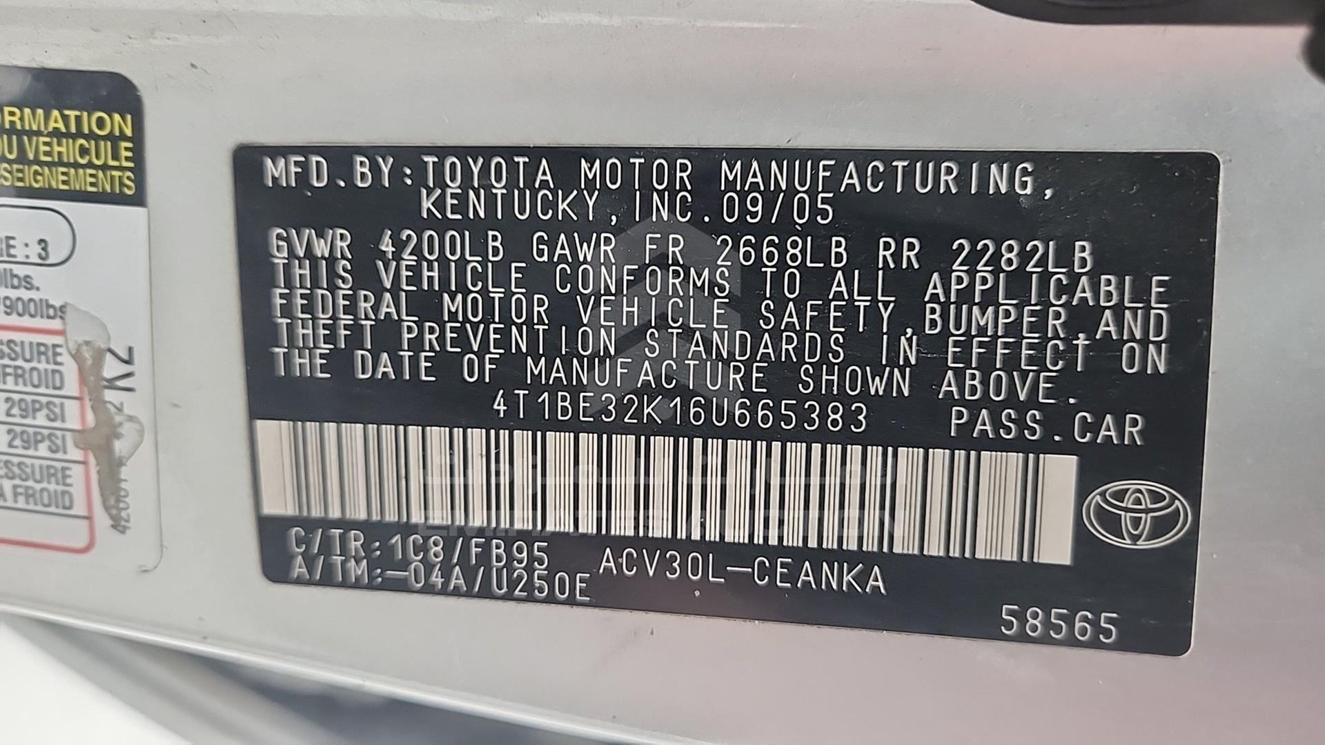 2006 TOYOTA CAMRY VIN: 4T1BE32K16U665383