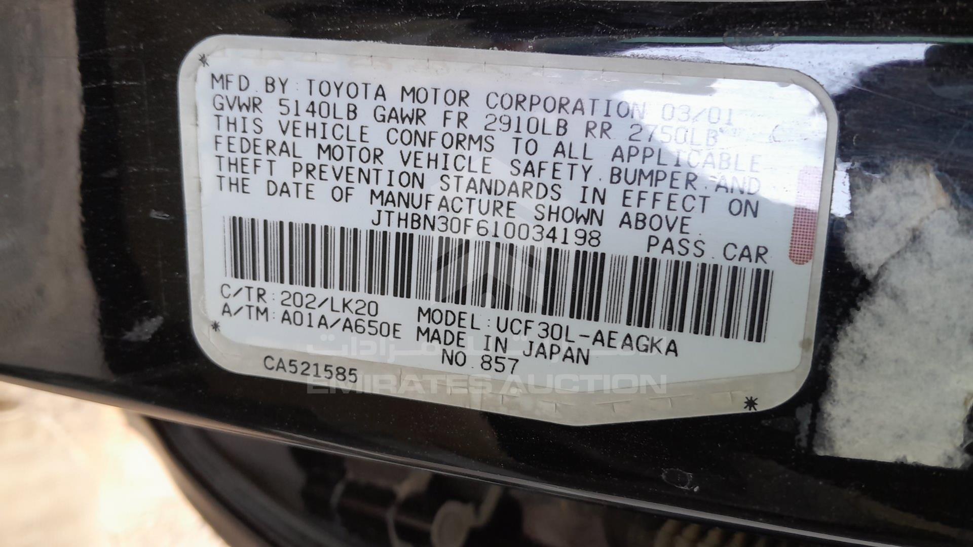 2001 LEXUS LS 430 VIN: JTHBN30F610034198