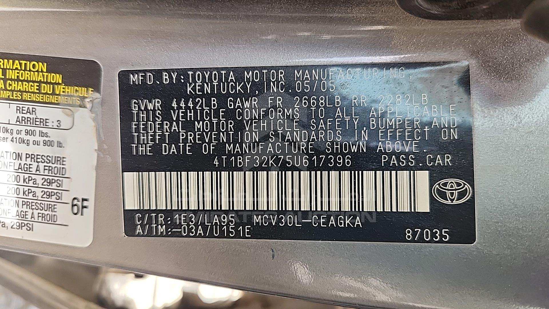 2005 TOYOTA CAMRY VIN: 4T1BF32K75U617396