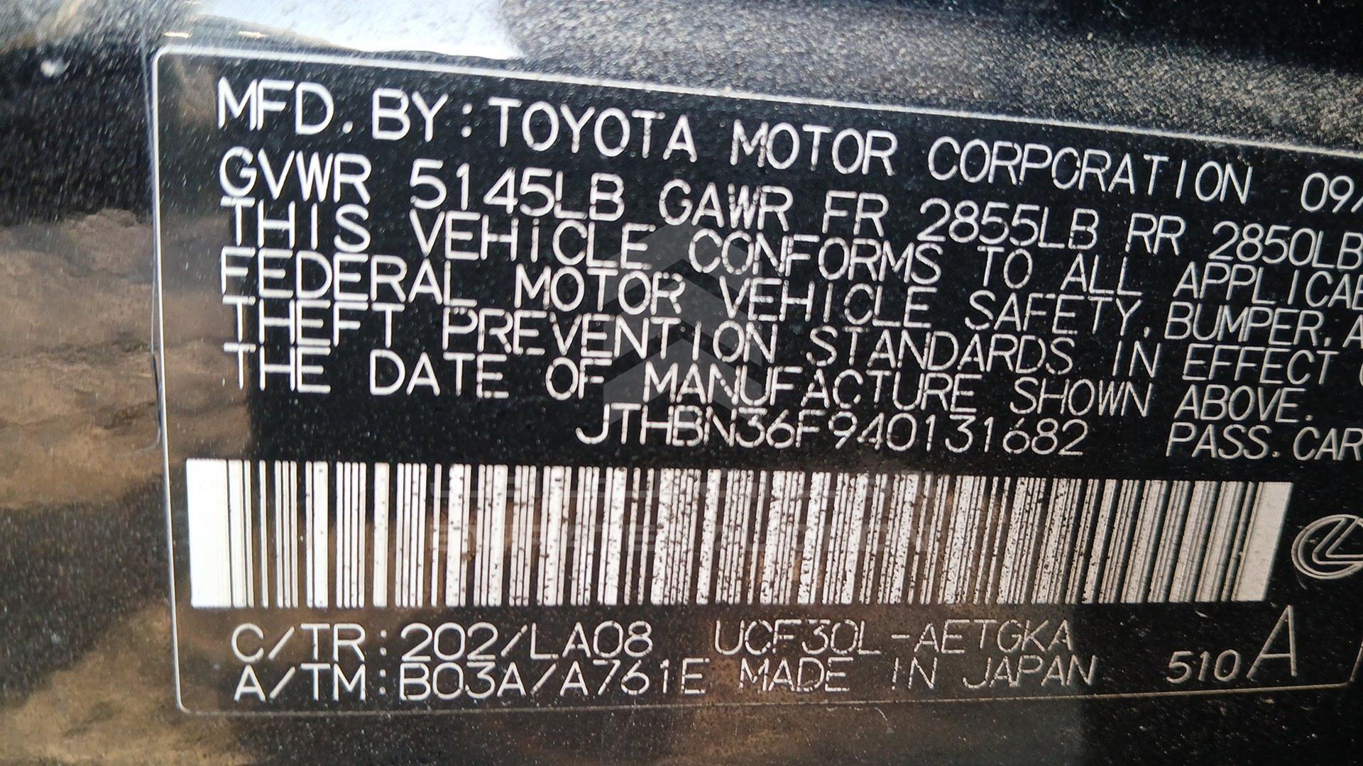 2004 LEXUS LS 430 VIN: JTHBN36F940131682