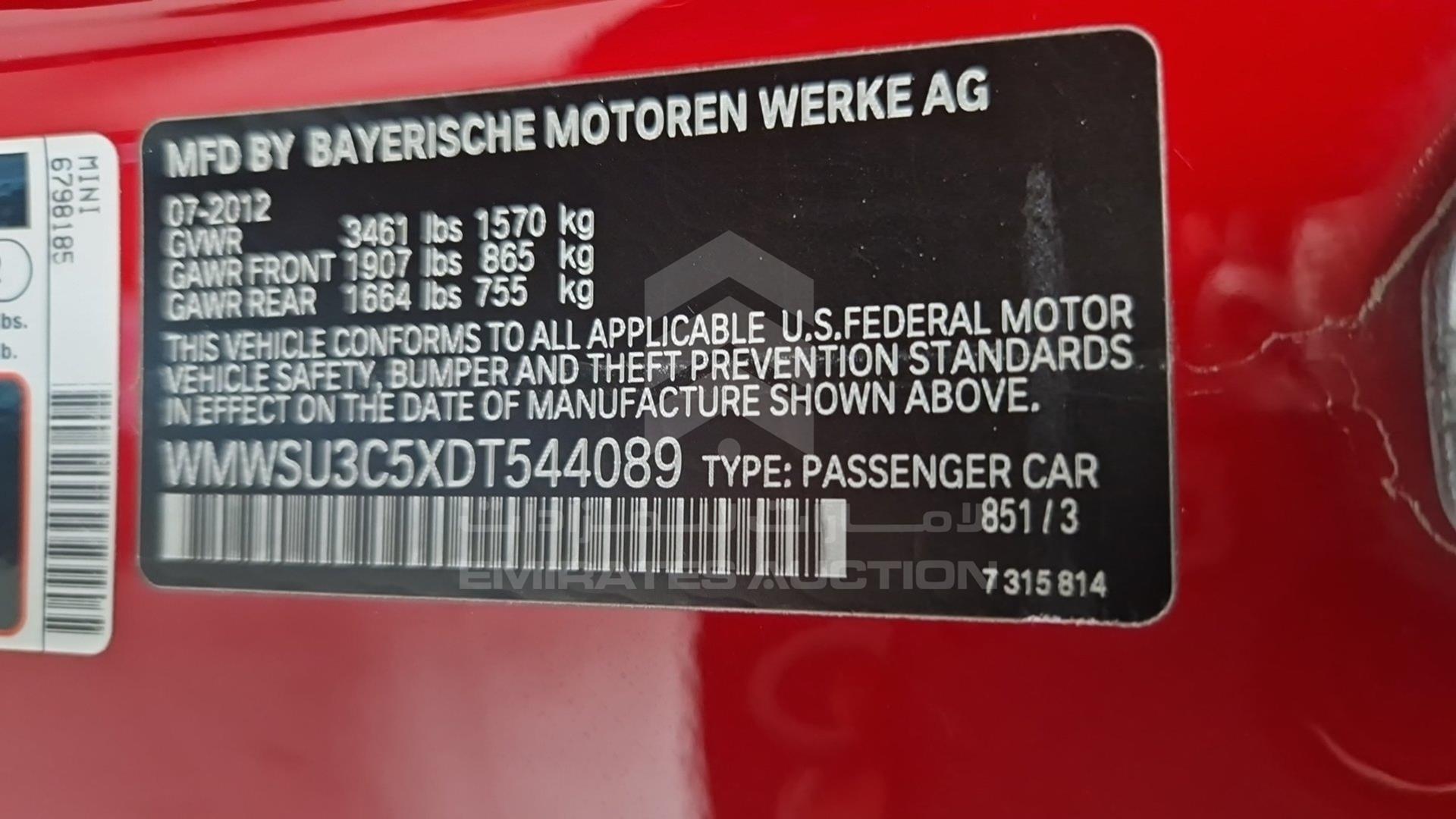 2013 MINI COOPER VIN: WMWSU3C5XDT544089