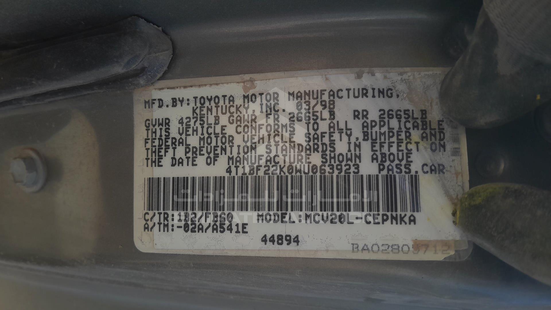 1998 TOYOTA CAMRY VIN: 4T1BF22K0WU063923