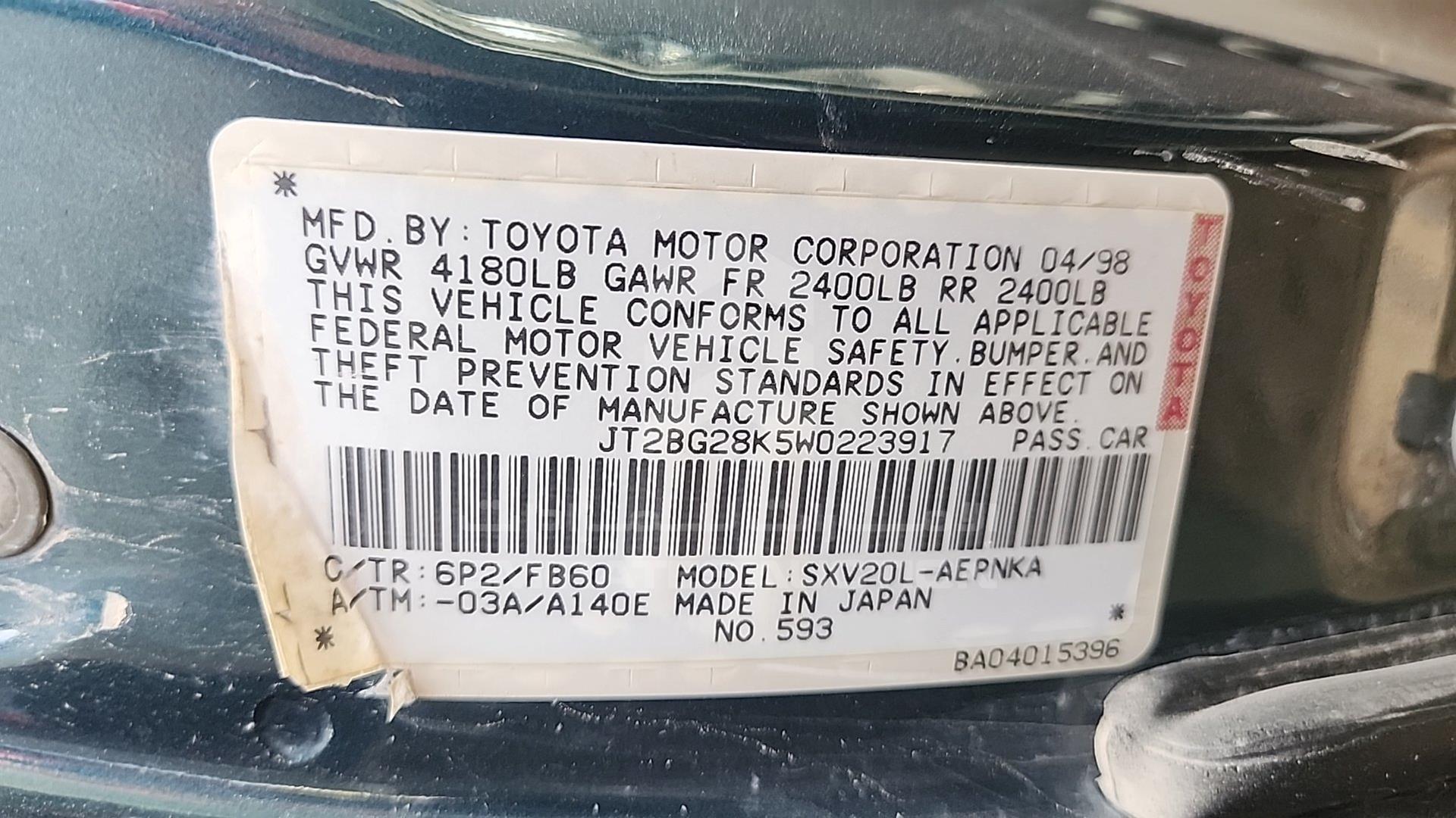 1998 TOYOTA CAMRY VIN: JT2BG28K5W0223917